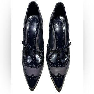 Tory Burch Everly Wing Tip Heels Leather TBar Strap Navy/Gray Size 7.5 M